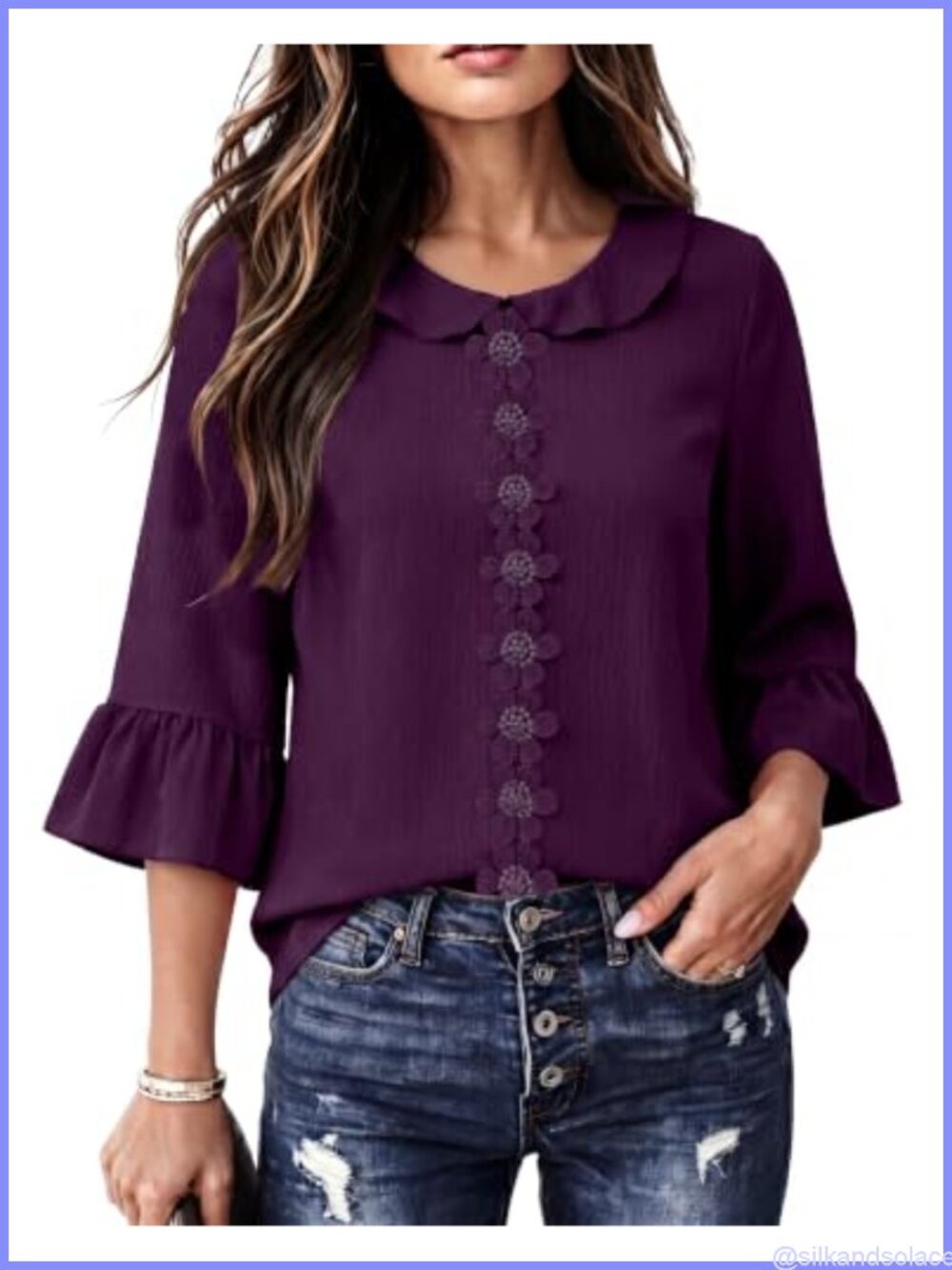 Fayenne Ruffle Neck Blouse 3/4 Bell Sleeve Floral Embroidered Womens Top